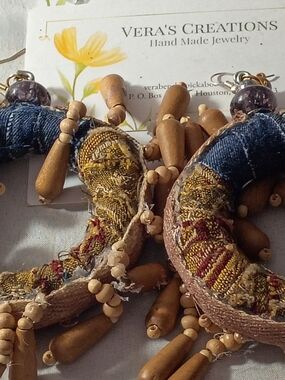 Boho Multicolor Textile Hoop Earrings with Wooden Beads